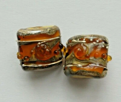 2 Studio Handmade Art Deco Style Glass Lampwork Beads. 15mm. Amber/Grey/Silver - Image 1 of 4