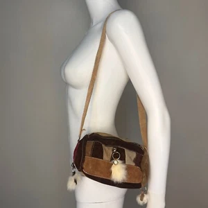Vintage 1980s Leather Patchwork Purse with Fur Charms Mexico 70s 80s Boho Hippie - Picture 1 of 11