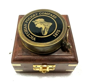 Victorian Pocket Compass 3" Brass Navigation Pocket Compass with Wooden Box - Bild 1 von 8