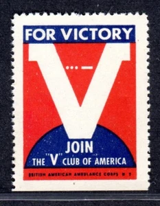 WWII ~ "V for Victory" Poster Stamp ~ V Club of America ~ MNH - Picture 1 of 5