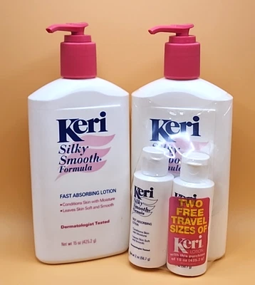 Vintage Keri Silky Smooth Formula Lot 2 Pink Pump 15 oz & 2 Travel Size Bottles - Image 1 of 3