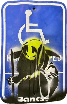 Letrero de calle de metal raro Grin Reaper de arte de graffiti de Banksy de Nueva York Foto 1 de 4