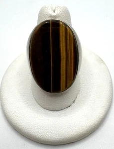 Men’s Sterling Silver Large Oval Tigers Eye Ring Sz 8 - Picture 1 of 5
