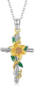 Cross Sunflower Necklaces 925 Sterling Silver Sunflower Jewelry Gifts For Women - Picture 1 of 7