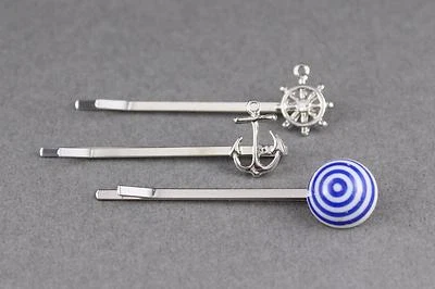 conjunto 3 contas de roda âncora prata bobby bobbi pinos clipe barrette acessório de gancho de cabelo - Imagem 1 de 2