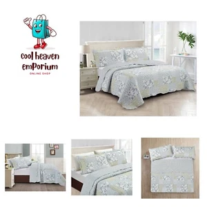 Multi Blue and Beige Floral Patchwork, 3-Piece Quilt Set with 2 Shams, Revers... - Picture 1 of 8