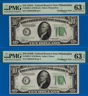 1934A / 1934B $10 FRN Philadelphia PMG 63EPQ changeover pair Fr 2006-C Fr 2007-C - Image 1 of 2