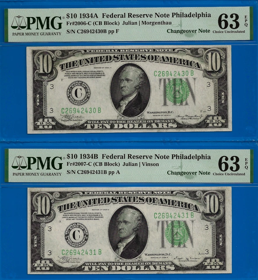 1934A / 1934B $10 FRN Philadelphia PMG 63EPQ changeover pair Fr 2006-C Fr 2007-C - Image 1 of 2
