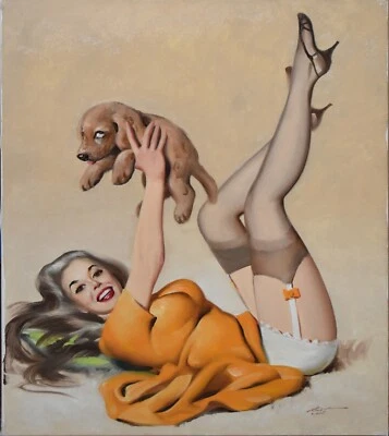 DONALD RUST-Illustrator-Large Original Signed Oil-PIN-UP GLAMOUR GIRL & Puppy - Image 1 of 4
