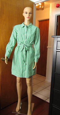 Tommy Hilfiger Tie Belt Shirt Dress Women Green/White Gingham Check Pockets Sz 6 - Image 1 of 4