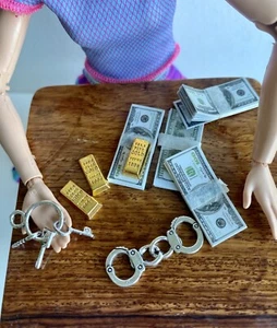 1:6 Barbie 9pcs set crime gold bars cash handcuffs keys Miniature money - Picture 1 of 7