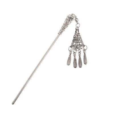 Grampo de cabelo feminino vintage prata sinos pingente borla pérola palitos de cabelo joias - Imagem 1 de 4