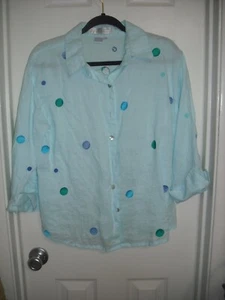 Casey Coleman 100% Linen Blue Green Polka Dots Embroidery Blouse Large - Picture 1 of 4