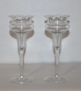 Vintage Paar lange Stiel Glas Kerze Teelicht Windlicht gekräuselte Oberseite 8" hoch - Bild 1 von 7
