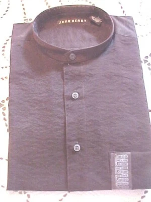 Men's Black Banded Collar Dress Shirt Size Large Long Sleeve by John Henry NEW - Image 1 of 4
