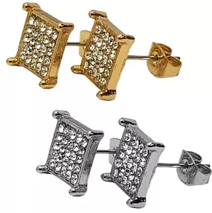 Ice Out Stud Earrings Square Bling Rock Gold Filled Mens Womens Earring 1Pair - Picture 1 of 7