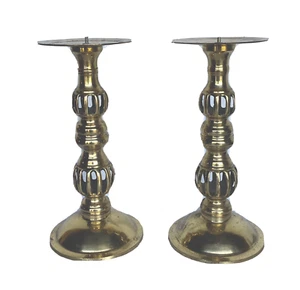 Vintage Paar massive Messing Stumpenkerzenhalter Netz/Ausschnitte 12" hoch - Bild 1 von 6