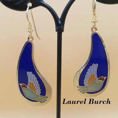 Vintage Laurel Burch Swallow Bird Blue Enamel Earrings, Gold Plated - Image 1 of 4