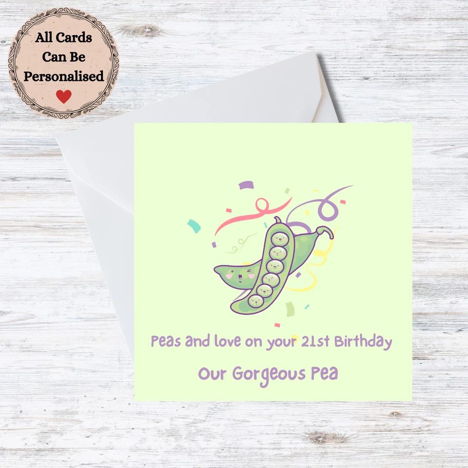 Personalised Friend Daughter 21st Birthday Card- Peas & Love - Customisable Name - Изображение 1 из 1