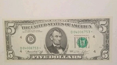 1974 $5 Star Note UNC Dollar Bill Cleveland District Crisp In Plastic Sleeve - Image 1 of 2