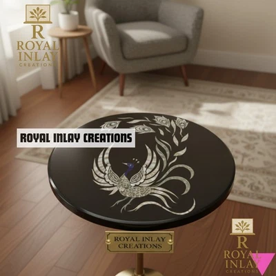 Exquisite Black Marble Peacock Inlay Tabletop - Mother of Pearl Art Deco 18" - Image 1 of 4