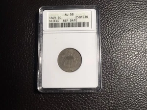 1869 Shield Nickel ANACS AU 58 Repunched Date. - Picture 1 of 5