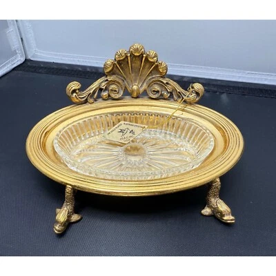 Jabonera vintage chapada en oro de 24 quilates cristal austriaco pies cenicero 6" Foto 1 de 4
