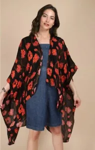 Saachi Kimono Womens One Size Black Poppy Field Floral Print Open Front Flowy - Picture 1 of 9