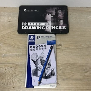 Drawing Pencils Lot Castle Art Premium & Staedtler Mars Lumograph 12 Ea Open Box - Picture 1 of 7