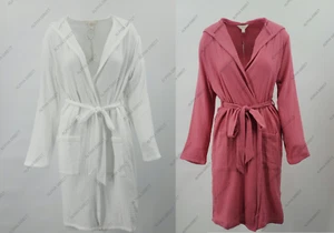 Ladies Ex Marks And Spencer Pure Cotton Muslin Hooded Dressing Gown Pink White - Picture 1 of 14