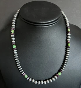 Sterling Silver Purple Spiny Oyster Sonoran Gold Turquoise Bead Necklace 18 inch - Picture 1 of 12