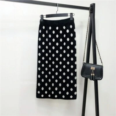 Saia lápis midi de malha feminina bolinhas manchada pele de vison falsa inverno desgaste quente - Imagem 1 de 4