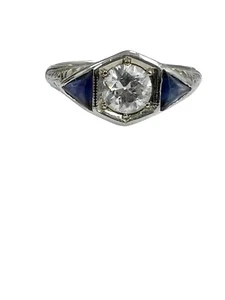 1/2 ct center Old European Diamond Sapphire Trilogy Ring 14k White Gold Antique - Picture 1 of 6