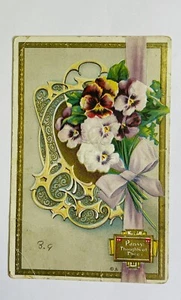 GEPRÄGTE E NASH 1910 POSTKARTE STIEFMÜTTERCHEN GEDANKEN an DEINE SPRACHE der BLUMEN Antik - Bild 1 von 4
