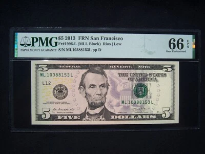 $5 Federal Reserve Note Series 2013 FR1996-L San Francisco MLL Block - Image 1 of 2
