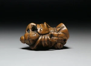 Antico NETSUKE giapponese radice di loto e granchio -firmato -okimono -raro dal Giappone - Foto 1 di 6