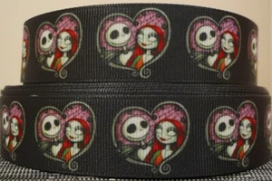 NIGHTMARE BEFORE CHRISTMAS JACK & SALLY RIBBON GROSGRAIN 25mm wide PER YARD - Picture 1 of 1