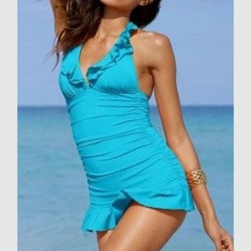 KENNETH COLE Swimsuit Small Skirted One Piece Ruched V Neck Open Back Ruffle - Image 1 of 4