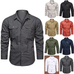 Men Tops Lapel Neck Cargo Shirt Mens Soft Long Sleeve Holiday Regular Fit Blouse - Picture 1 of 26