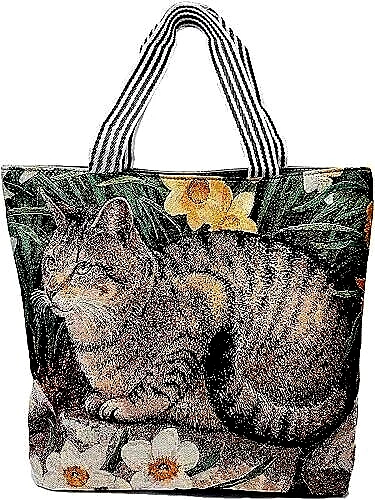 Tote Bag with Zipper Pockets CAT Printed Large Capacity Canvas Handbag for Women - Image 1 of 4