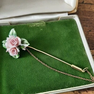 Vtg Ceramic Pink Rose Stick Pin Floral Boutonniere Brooch with Chain Clasp - Picture 1 of 8