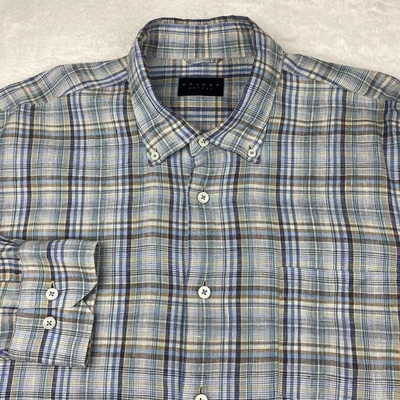 CALDER Carmel Mens Shirt XL Blue/Gray Plaid 100% Linen Limited Edition 1/70 - Image 1 of 4