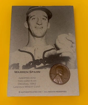 Centavo de trigo tinta auténtica Warren Spahn Lincoln 1942 extremadamente difícil de encontrar Foto 1 de 4