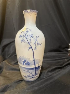 Bristol Glass Hand Painted Blue Farmhouse Windmill Stream Vase 9 1/2 In Rim Chi - Picture 1 of 14