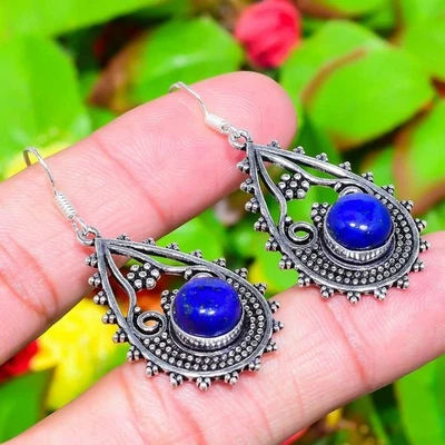 Lapis Lazuli Gemstone Handmade 925 Sterling Silver Jewelry Earring 2.05" W897 - Image 1 of 4