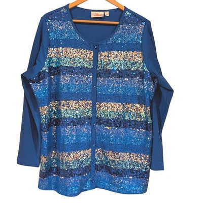 Quaker Factory Women 1X Blue Sequin Lace button Front Cardigan Top - Image 1 of 4