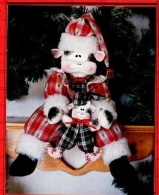 Christmas Cows Pattern Soft Sculpture Primitive Folk Art Santa Hat Elf Shoes - Image 1 of 3