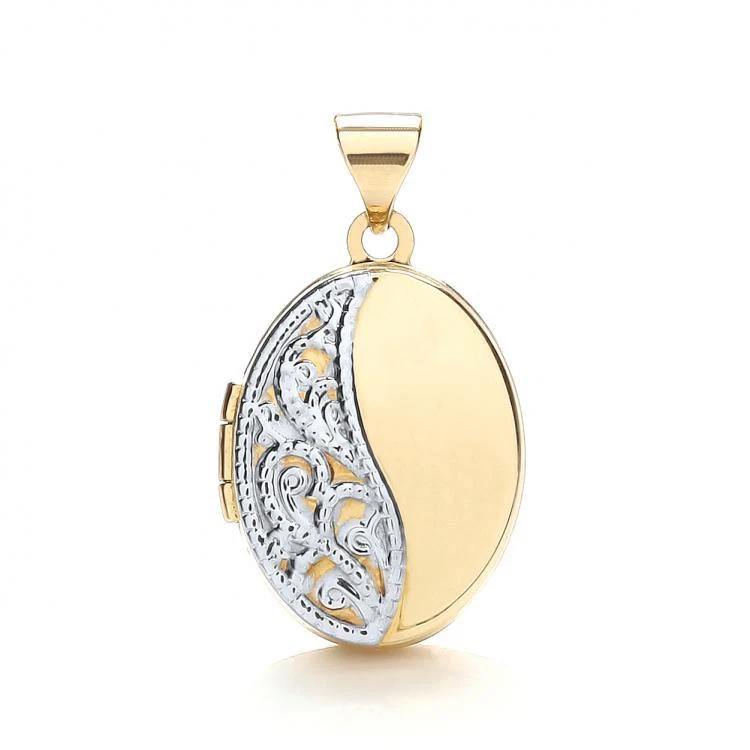 9ct Yellow & White Gold Half Patterned Small Oval Locket - Image 1 of 1