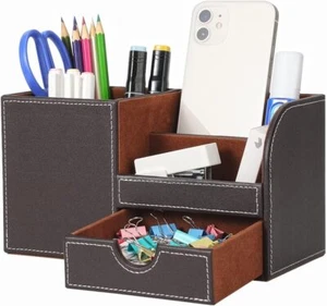 KINGFOM Desk Organizer Office Supplies Caddy Pu Leather Multi-function Brown - Picture 1 of 9