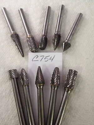 10 NEW FALCON / SGS 1/4" SHANK CARBIDE BURR SET.  DOUBLE / SINGLE CUT USA (c754) - Image 1 of 3